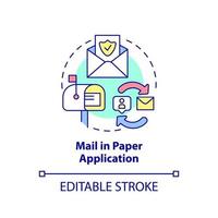 courrier en icône de concept d'application papier. envoi de documents. façon d'obtenir une illustration de ligne mince d'idée abstraite d'assurance. dessin de contour isolé. trait modifiable. vecteur