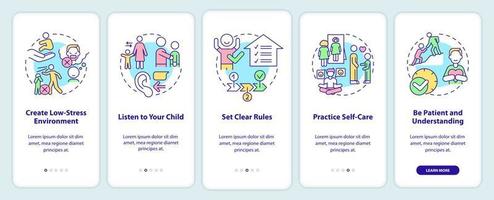 Conduire des conseils sur les troubles pour les parents qui intègrent l'écran de l'application mobile. pas à pas en 5 étapes pages d'instructions graphiques avec des concepts linéaires. ui, ux, modèle d'interface graphique. vecteur