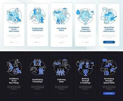 développement de l'enfant écran d'application mobile d'intégration en mode nuit et jour. pas à pas en 5 étapes pages d'instructions graphiques avec des concepts linéaires. ui, ux, modèle d'interface graphique. vecteur