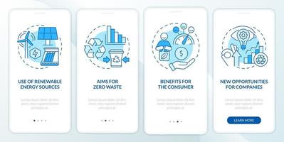 avantages de l'économie circulaire écran d'application mobile d'intégration bleu. pas à pas zéro déchet pages d'instructions graphiques en 4 étapes avec des concepts linéaires. ui, ux, modèle d'interface graphique. vecteur