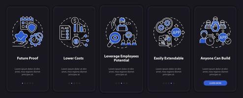 avantages de l'écran d'application mobile d'intégration en mode nuit sans code. web 3 0 pas à pas 5 étapes pages d'instructions graphiques avec des concepts linéaires. ui, ux, modèle d'interface graphique. vecteur