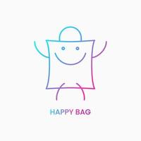 concept de logo de sac heureux. icône sourire et sac. logotype de la ligne. pente. bleu, violet, rose et jaune. logo, icône, symbole et signe. pour le logo de la boutique en ligne
