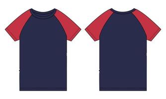 deux tons rouge et bleu marine t-shirt raglan à manches courtes mode technique croquis plat modèle d'illustration vectorielle avant, vues arrière isolées sur fond blanc. vecteur