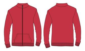 veste à manches longues mode technique croquis plat illustration vectorielle modèle de couleur rouge vues avant et arrière. blouson aviateur maquette cad facile à modifier et personnalisable. vecteur