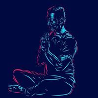 homme méditation ligne pop art potrait logo design coloré avec un fond sombre. illustration vectorielle abstraite. fond noir isolé pour t-shirt vecteur