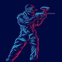 soldat de l'armée jouer au paintball ligne pop art potrait logo design coloré avec un fond sombre. illustration vectorielle abstraite. vecteur
