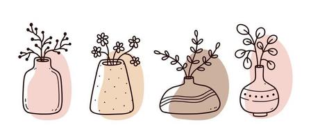 ensemble de doodles floraux abstraits avec des formes organiques de couleur. vases minimalistes avec des fleurs isolées sur fond blanc. illustration vectorielle dessinée à la main. parfait pour les cartes, décorations, logo, affiches. vecteur