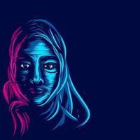 musulman islamique arabe femme ligne pop art potrait logo design coloré avec un fond sombre. fond noir isolé pour t-shirt