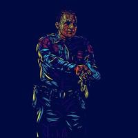 policier ligne pop art potrait logo design coloré avec un fond sombre. fond noir isolé pour t-shirt vecteur