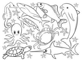 éléments doodle animal marin dessinés à la main pour autocollant etc vecteur