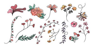 ensemble d'images vectorielles d'éléments floraux et de feuilles conçus dans un style doodle pour les décorations, les cartes, les impressions numériques, les motifs en papier, les motifs de vêtements, les autocollants, les oreillers, les décorations sur le thème du printemps, etc. vecteur