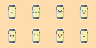 téléphone emoji vecteur gadget personnage smartphone ou tablette avec illustration d'expression du visage ensemble émotionnel d'émotion de téléphone portable ou de téléphone portable d'appareil numérique avec les yeux et le sourire isolé sur fond