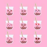 ensemble d'autocollants emoji mignons kawaii de thé au lait à bulles de dessin animé de personnages vecteur