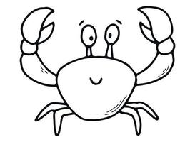 joli crabe dessiné à la main pour les feuilles de coloriage pour enfants, livres, impressions, cartes, affiches, activités préscolaires. doodle de la vie marine, clipart. eps 10 vecteur