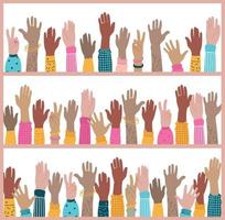 ensemble de trois bannières avec les mains levées des gens. diversité, vote, réunion, manifestation, thème de l'événement social. bon pour les affiches, impressions, cartes, autocollants, etc. eps 10