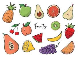 ensemble de fruits dessinés à la main isolés sur fond blanc. bon pour les impressions, les autocollants, les cliparts, les panneaux, la décoration des produits, les emballages, les logos, etc. eps 10 vecteur