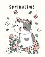 mignon, carte voeux, heureux, sourire, gros chat, dans, fleur, jardin, printemps, dessin animé, animal, griffonnage, dessin, vecteur