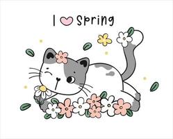 mignon carte de voeux gros chat dans le jardin fleuri j'aime le printemps, dessin animé animal animal de compagnie doodle vecteur de dessin