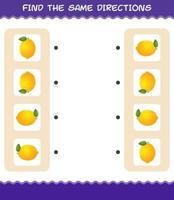 faire correspondre les mêmes directions de citron. jeu de correspondance. jeu éducatif pour les enfants d'âge préscolaire et les tout-petits vecteur