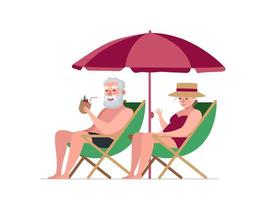 couple de personnes âgées activités estivales de grands-parents à la retraite. les personnes âgées sur les chaises longues boivent un cocktail et se détendent sur la plage de la mer. les personnes âgées bronzent ensemble en voyage. relations de loisirs à la retraite. vecteur