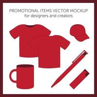 modèles de conception vierges pour la présentation ou les logos. t-shirt vecteur rouge, casquette, mug, stylo, briquet