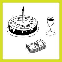 gâteau d'anniversaire avec bougie, verre à vin, paquet d'argent. croquis de dessin à la main de vecteur