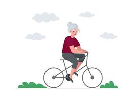 une femme plus âgée s'amuse et fait du vélo. femme âgée à vélo. mode de vie sain d'activité de vieille dame. grand-mère à la retraite faisant du vélo. loisirs joyeux retraité senior. illustration vectorielle de grand-mère active
