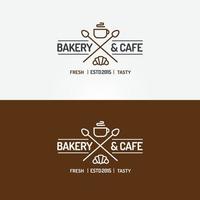 logo boulangerie et café avec croissant, tasse de thé et cuillères pour café, entreprise de cupcake vecteur