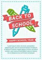carte de retour à l'école avec emblème de couleur composé d'un stylo, d'un crayon et d'un signe bonne année scolaire vecteur
