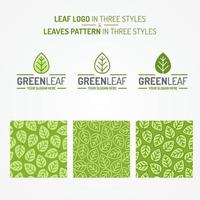 ensemble de feuilles vertes composé d'un logo et d'un motif de feuilles trois styles vecteur