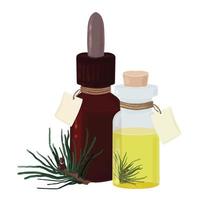 ensemble de bouteilles cosmétiques avec huile et étiquettes, huile aromatique de pin, image vectorielle vecteur