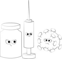 vaccin et seringue contre le virus. illustration de dessin animé en noir et blanc vecteur