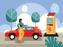 une femme chargeant sa voiture électrique vecteur