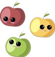 dessin animé mignon heureux pomme rouge, verte et jaune vecteur