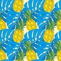 modèle d'été avec doodle d'ananas et feuilles de monstera bleues vecteur