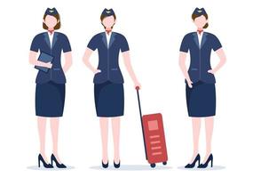 hôtesse de l'air ou hôtesse de l'air avec uniforme bleu et porter une valise à l'aéroport en illustration vectorielle de dessin animé