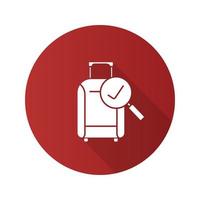 icône de glyphe d'ombre longue de conception plate de franchise de bagages. contrôle des bagages réussi. valise avec coche. illustration vectorielle silhouette vecteur