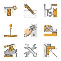 ensemble d'icônes de couleur d'outils de construction. scie à tenon, couteau de papeterie, ensemble de scie de bijoutier, tournevis, clé, mètre, étau, clés croisées, équerre. illustrations vectorielles isolées