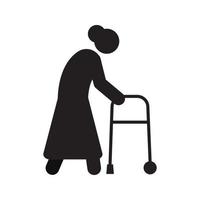 vieille femme va avec l'icône de silhouette de marcheur. grand-mère avec déambulateur. illustration vectorielle isolée vecteur