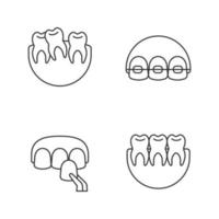 ensemble d'icônes linéaires de dentisterie. stomatologie. dents tordues et saines, appareils dentaires, placage. symboles de contour de ligne mince. illustrations vectorielles isolées vecteur