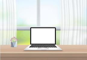 bureau avec ordinateur portable écran blanc sur table en bois vue de face dans la salle blanche moderne. devant la vitre et le rideau. illustration vectorielle 3d réaliste. vecteur