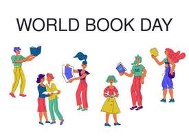 modèle d'une bannière pour la journée mondiale du livre avec un groupe de personnes diverses lisant des livres doodle vector illustration isolé sur fond blanc. design pour librairies et festivals.