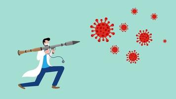 médecin de sexe masculin portant des particules de virus d'attaque de masque médical avec illustration de dessin animé de vecteur de bazooka
