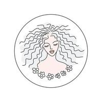 fille - logo vectoriel rond. coiffure, visage féminin. emblème d'un salon de beauté. visage de jeune femme - avatar web. concept - cosmétologie