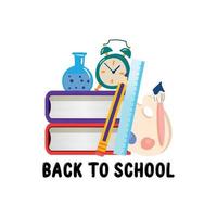 conception d'arrière-plan du logo vectoriel de la rentrée scolaire, enfants, adolescents à la recherche de connaissances, avec équipement scolaire