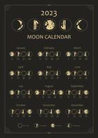 Calendrier lunaire 2023. conception de calendrier astrologique. cycle des phases de lune. conception de modèle d'affiche de calendrier de lune boho moderne. calendrier et cycles des phases lunaires. illustration vintage de vecteur. modifiable a3, a4, a5 vecteur