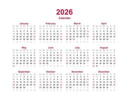 modèle d'année civile 2026. ensemble de calendrier de douze mois. vecteur