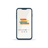 livres audio, apprentissage en ligne, pile de livres sur l'écran du téléphone portable, cours en ligne, application d'apprentissage, bouton de lecture. vecteur