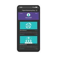 modèle de vecteur d'interface de smartphone d'application de blogging. mise en page de conception noire de la page mobile. application d'articles de blog. écran de contenu de marketing numérique. interface utilisateur plate. profil de plate-forme de médias sociaux sur l'écran du téléphone