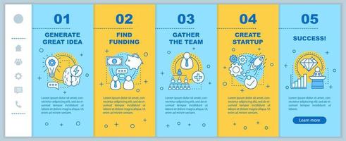 modèle de vecteur d'écran de page d'application mobile d'intégration d'entreprise de démarrage. générer une excellente idée, trouver des étapes de site Web pas à pas de financement avec des illustrations linéaires. concept d'interface de smartphone ux, ui, gui